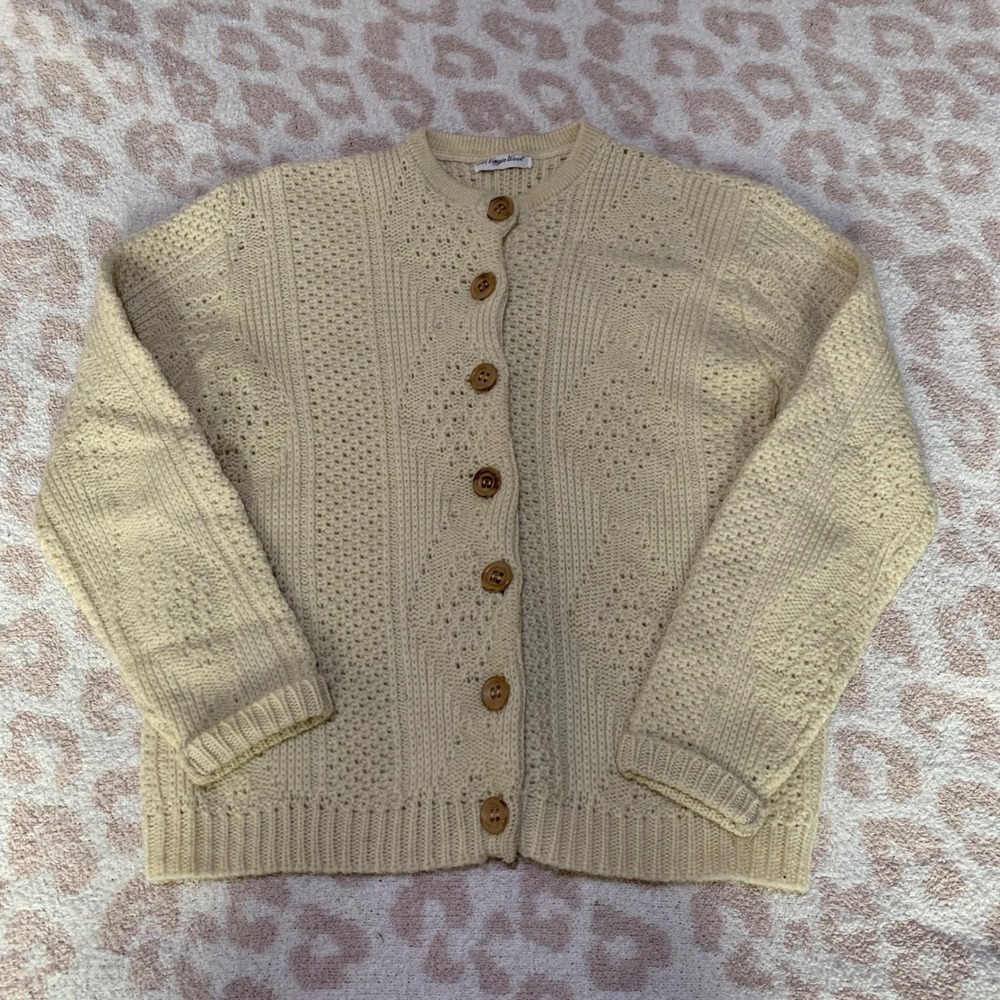 Cardigan Sweater Cream Pure Wool Hand Knit Textured Pointelle